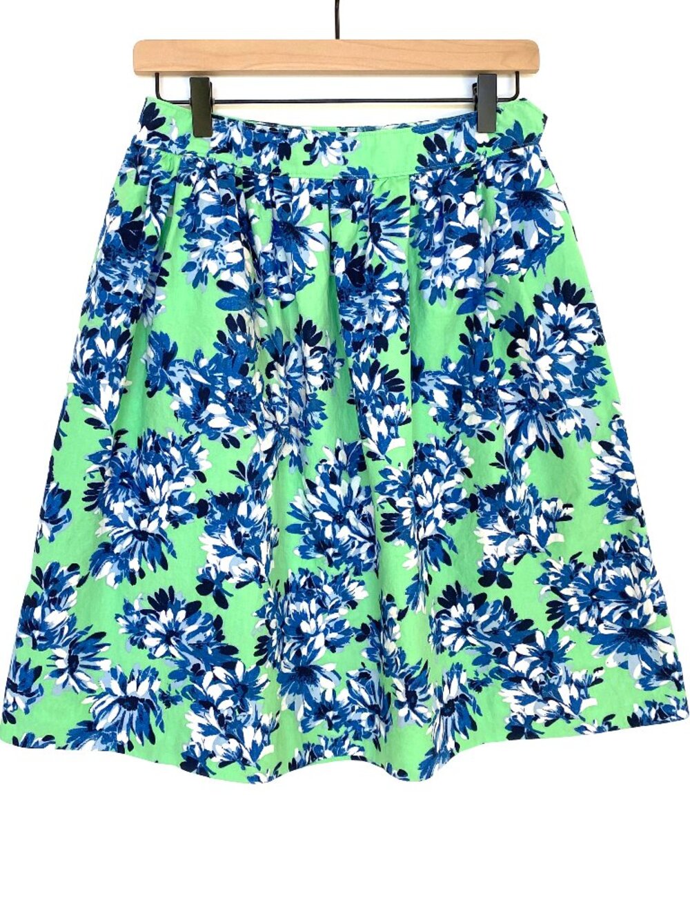 J.Crew Cotton Floral A-Line Patio Skirt Green Blue Pockets Size 2